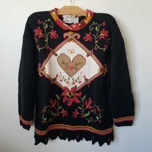 Vtg Ashley Hill Womens M Sweater Floral Embroidered Cottagecore Granny Core 3D